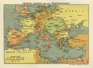 Keski-Euroopan ja Välimeren kartta, teoksesta "The History of the Great European War, Vol. III" (painettu). tekijältä English School