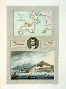 Elban kartta ja Porto Ferraion näkymä, jossa Napoleonin muotokuva ja faksimile hänen allekirjoituksestaan, 1815 (värikaiverrus) tekijältä English School