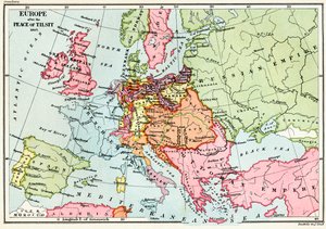 Euroopan kartta Tilsitin rauhan jälkeen vuonna 1807, J. R. Greenin teoksesta A Short History of the English People, julkaistu 1893