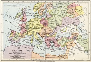 Euroopan kartta kolmannen ristiretken aikana, 1190, W. und A.K.:n julkaisijasta "Historiallinen atlas". Johnston Limited, 1911