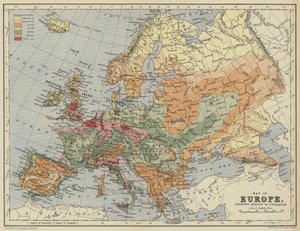 Euroopan kartta, jossa näkyy väestötiheys tekijältä English School