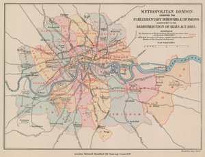 Metropolitan Lontoon kartta, jossa näkyvät parlamentaariset alueet ja jaostot, 1885
