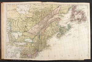Pohjois-Amerikan kartta, yksityiskohta USA:n ja Kanadan itärannikosta, The American Atlas; sisältää sekalaisen kokoelman yleisiä ja erityisiä Pohjois-Amerikan karttoja ja suunnitelmia, julkaisijat Jefferys, Faden ja muut tekijältä English School