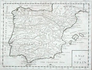Espanjan ja Portugalin kartta, 1700-luvun loppu (kaiverrus) tekijältä English School