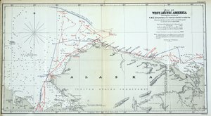 Länsi-Arktisen Amerikan kartta, jossa näkyy HMS Enterprisen ja Investigatorin jäljet vuosina 1850-1854 tekijältä English School