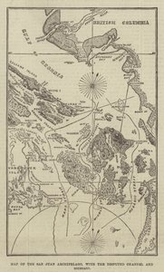 San Juanin saariston kartta, jossa kiistanalainen kanava ja raja (kaiverrus) tekijältä English School