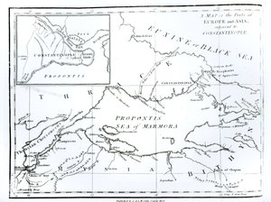 Kartta Konstantinopoliin rajoittuvista Euroopan ja Aasian osista, Edward Gibbonin teoksesta "The History of the Decline and Fall of the Roman Empire", osa 9, 1808.