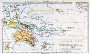 Kartta Oseanian ja Australasian roduista, Prof. Friedrich Ratzelin teoksesta "The History of Mankind", osa 1, 1896