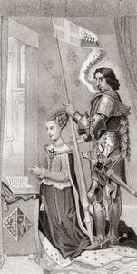 Tanskalainen Margarita ja Tanskan suojelija St. Canute, jonka takana pitelee lippua, jossa näkyy ristiretkien risti. Margaret Tanskalainen tekijältä English School