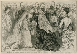 Hessenin prinsessa Victorian ja Battenbergin prinssi Louisin avioliitto, kuningatar Victoria tervehti morsiameta, 16. toukokuuta 1884 tekijältä English School