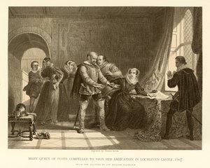 Mary Queen of Scots pakotettiin allekirjoittamaan kruununsa Lochlevenin linnassa tekijältä English School