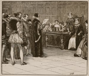 Mary Queen of Scots saa vihjeitä tuomiostaan, kuvitus Cassells Illustrated History of Englandista (seepiakuva) tekijältä English School