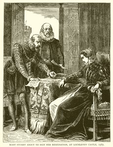 Mary Stuart allekirjoittaa eronsa Lochlevenin linnassa, 1567 tekijältä English School