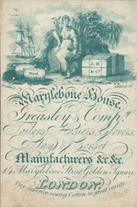 Marylebone House, Greasley & Co, räätälit, sukkahousut, käsineet, asuntojen ja korsettien valmistajat, 14 Marylebone Street, Golden Square, kauppakortti tekijältä English School