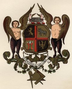 Vapaamuurarien käsivarret W.H.Y:n hallussa olevan maalatun paneelin jälkeen. Rylands, The History of Freemasonry, osa II, julkaisija Thomas C. Jack, Lontoo, 1883 tekijältä English School