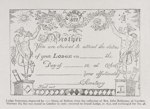 Vapaamuurarien loosin kutsu, päivätty 1796 tekijältä English School