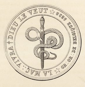 Vapaamuurarien sinetti, julkaisusta "The History of Freemasonry, osa III", julkaisija Thomas C. Jack, Lontoo, 1883 tekijältä English School