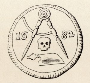 Maestrichtin puuseppien vapaamuurarien sinetti, päivätty 1682, julkaisusta "The History of Freemasonry, osa II", julkaisija Thomas C. Jack, Lontoo, 1883 tekijältä English School