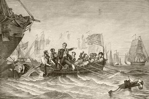 Päällikkö Oliver Hazard Perry siirtyy US Brig Lawrencesta US Brig Niagraan Erie-järven taistelun aikana (litho) tekijältä English School