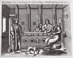 Mestari Philpots ollessaan Colehousessa, jossa hän löysi papin Thomas Whittlen istumasta varastossa, kuvitus John Foxen teoksista Acts and Monuments, yhdeksäs painos, pubi. 1684 tekijältä English School