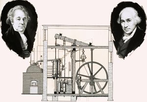 Matthew Boulton ja James Watt yhdellä patentoiduista höyrykoneista tekijältä English School