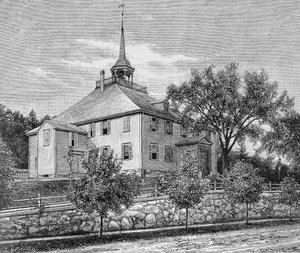 Meeting House at Hingham, kuva kirjan "Narrative and Critical History of America" III osasta, 1886 tekijältä English School