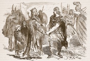 Edmund Ironsiden ja Canuten tapaaminen Alneyn saarella Severnissä vuonna 1016, kuvitus Cassells Illustrated History of Englandista (seepiakuva) tekijältä English School
