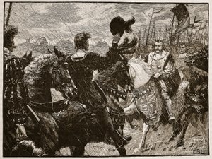 Henryn ja keisari Maximilianin tapaaminen, kuvitus Cassells Illustrated History of Englandista (seepiakuva) tekijältä English School