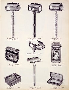 Miesten parranajovälineet kotimaisten tavaroiden ja tarvikkeiden luettelosta, n. 1890-1910 tekijältä English School