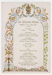 Menu Queen Victorias -illalliselle maanantaina 21. kesäkuuta 1897, päivää ennen hänen timanttijuhlapäivää tekijältä English School