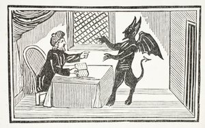 Mefistofeles tulee tohtoreiden taloon, kuvitus John Ashtonin pubista Chap-books of the Eightenth Century. 1882 tekijältä English School