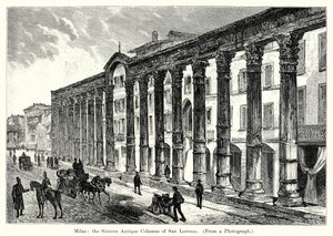 Milano: San Lorenzon kuusitoista antiikkipylvästä (kaiverrus). tekijältä English School