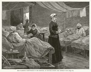 Neiti Florence Nightingale Scutarin sairaalassa Krimin sodan aikana (1855--6) tekijältä English School