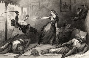 Miss Wheeler puolustaa itseään Sepoysia vastaan Cawnporessa vuonna 1857, vuonna 1858 julkaistusta "Intian kapinan historiasta" (kaiverrus) tekijältä English School