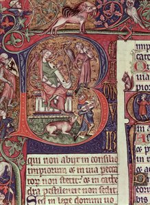 Mms 9961-2 Historioitu alkukirjain B Peterborough Psalterista, jossa kuningas Daavidia soittaa harppua, englanti, (n. 1310-20) tekijältä English School