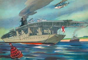 Nykyaikainen lentotukialus (värilitografia) tekijältä English School