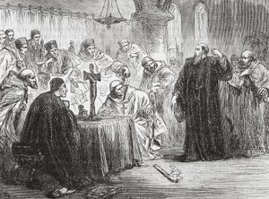 Mollio heittää soihtunsa alas inkvisition edessä, kuvitus James Aitken Wylien (1808-1890) Protestantismin historiasta, pub. 1878 tekijältä English School