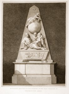 Sir Isaac Newtonin muistolle Westminster Abbeyssä pystytetty monumentti, David Humesin kuvitus Englannin historia, pub. R. Bowyer, Lontoo, 1812 tekijältä English School