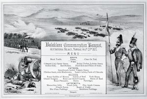Asennettu kuvitettu menu Balaklava-juhlajuhlille, jotka pidettiin Alexandra Palacessa 25. lokakuuta 1875 (kaiverrus) tekijältä English School