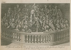 herra David Garrick lausumassa Oodia William Shakespearen kunniaksi Stratfordin juhlavuoden kunniaksi tekijältä English School