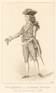 Rouva Jordan Sir Harry Wildairin roolissa harvinaisesta muotokuvasta vuodelta 1788 tekijältä English School
