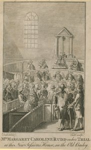 Rouva Margaret Caroline Rudd oikeudenkäynnissä uudessa Sessions Housessa Old Baileyssa tekijältä English School