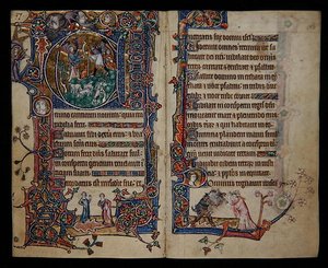 Ms 1-2005, ff.139v-140r: Ilmoitus paimenille, historiallinen alkukirjain "A" Macclesfield Psalterista, Use of Sarum, East Anglia, n. 1330 (vellum) tekijältä English School