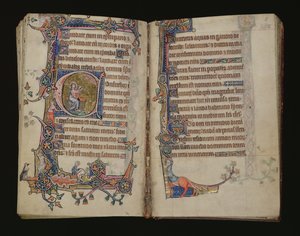 Ms 1-2005, ff.207v-208r: Jesaja rukoilee, historiallinen alkukirja Macclesfield Psalterista, Use of Sarum, East Anglia, n. 1330 tekijältä English School