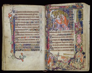 Ms 1-2005, ff.38v-39r: Daavidin voitelu, historiallinen D-alkukirja Macclesfield Psalterista, Use of Sarum, East Anglia, n. 1330 tekijältä English School