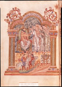 Ms 274 (Y-6) fol.36v Tiedaat vierailemassa kuningas Herodeksessa, Robert of Jumiegesin messaalista, n. 1016 tekijältä English School