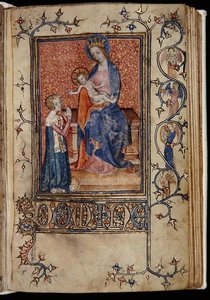Ms 48, f.86r: Käsikirjoituksen omistaja rukoilemassa Neitsyttä ja lasta, Carew-Poyntz Hours, Use of Sarum, n. 1390-1400 (vellum) tekijältä English School
