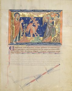 Ms L.A. 139-Lisboa fol.31 St. John katselemassa enkelin auttavan naista pakenemaan punaista lohikäärmettä, Gulbenkian Apokalypsista, n. 1265-70 tekijältä English School