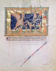 Ms L.A. 139-Lisboa fol.33 Lohikäärme, joka käy sotaa uskovien kanssa, Gulbenkian Apokalypsista, n. 1265-1270 tekijältä English School
