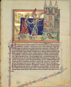 Ms L.A. 139-Lisboa fol.74 Enkeli, joka näyttää uutta Jerusalemia evankelista Pyhälle Johannes, Gubenkian Apokalypsista, n. 1265-1270 tekijältä English School